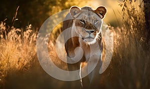 photo of liger hybrid of lion and tiger in tall grass at sunset. Generative AI