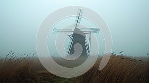 A photo of a lonely windmill in the fog. A calm and mysterious landscape. Grain processing technologies. Generative AI