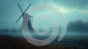 A photo of a lonely windmill in the fog. A calm and mysterious landscape. Grain processing technologies. Generative AI