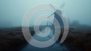 A photo of a lonely windmill in the fog. A calm and mysterious landscape. Grain processing technologies. Generative AI