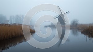 A photo of a lonely windmill in the fog. A calm and mysterious landscape. Grain processing technologies. Generative AI