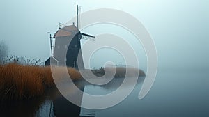 A photo of a lonely windmill in the fog. A calm and mysterious landscape. Grain processing technologies. Generative AI