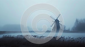 A photo of a lonely windmill in the fog. A calm and mysterious landscape. Grain processing technologies. Generative AI