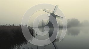 A photo of a lonely windmill in the fog. A calm and mysterious landscape. Grain processing technologies. Generative AI