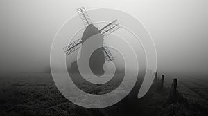 A photo of a lonely windmill in the fog. A calm and mysterious landscape. Grain processing technologies. Generative AI