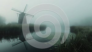 A photo of a lonely windmill in the fog. A calm and mysterious landscape. Grain processing technologies. Generative AI