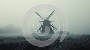 A photo of a lonely windmill in the fog. A calm and mysterious landscape. Grain processing technologies. Generative AI