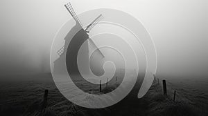 A photo of a lonely windmill in the fog. A calm and mysterious landscape. Grain processing technologies. Generative AI