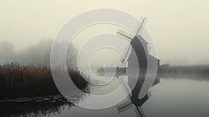 A photo of a lonely windmill in the fog. A calm and mysterious landscape. Grain processing technologies. Generative AI