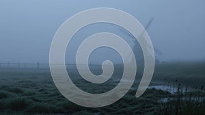 A photo of a lonely windmill in the fog. A calm and mysterious landscape. Grain processing technologies. Generative AI