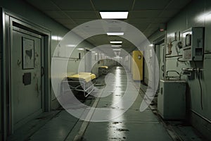 A photo of a long hallway in a residential building with a bed placed against the wall and a yellow door at the end, Hospital