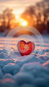 Photo Love in winter red heart displayed in snowy sunset