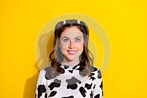 Photo of lovely adorable friendly girl with curly hairdo dressed cow long sleeve look at offer empty space isolated on