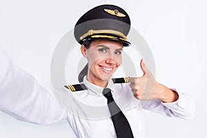 Photo of lovely adviser lady shoot selfie raise thumb up wear aviator headwear uniform isolated white color background