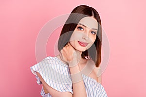 Photo of lovely brunette young lady hand neck wear white top  on pink color background