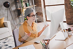 Photo of lovely mature lady video call computer dressed yellow formalwear modern workplace success business owner home