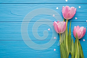 Photo of lovely pastel pink tulips on green stems with white glowing confetti in shape of hearts around lying on bright blue table