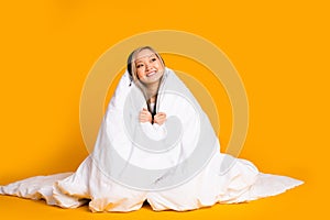 Photo of lovely pretty cute dreamy woman wear white trendy pajama look empty space isolated on yellow color background