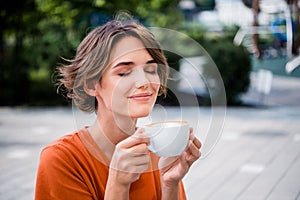 Photo of lovely pretty girl closed eyes enjoying free time after college university outdoors