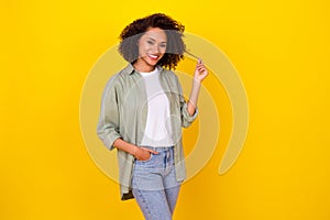 Photo of lovely pretty lady touching curls enjoying keratin balm applying isolated shine color background