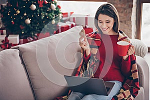 Photo of lovely woman sit sofa hold netbook hold cup biscuit toothy smile wear plaid red sweater jeans in decorated x