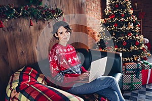 Photo of lovely young lady sitting sofa working netbook dressed stylish red sweater christmas tree decorated interior