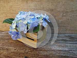 Small bouquet of hydrangeas in mini wooden crate. Rustic wood background. Matte effect. photo