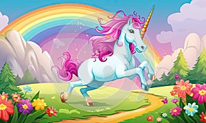 Photo of a majestic unicorn galloping through a colorful field with a vibrant rainbow in the backdrop