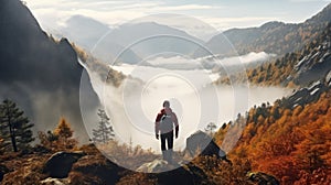 Photo of a man admiring the breathtaking view from the top of a mountain. Wanderlust