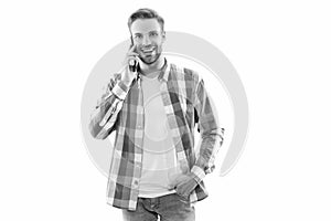 photo of man having phone call. man having phone call isolated on white. man having phone call