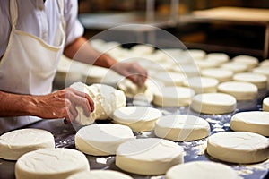 Photo of a man kneading cheese pastries in an apron. Industrial cheese production plant. Modern technologies. Production of