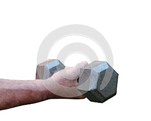 A photo of a man`s arm holding a weight on a white background.