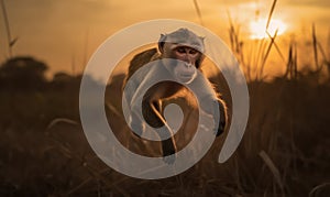 photo of mangabey jumping in tall grass at sunset. Generative AI