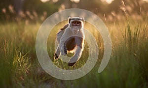 photo of mangabey jumping in tall grass at sunset. Generative AI