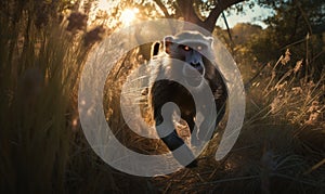 photo of mangabey jumping in tall grass at sunset. Generative AI