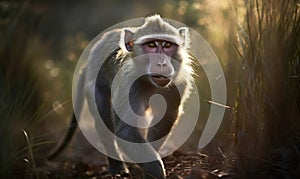 photo of mangabey jumping in tall grass at sunset. Generative AI