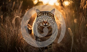 photo of Manx cat in tall grass at sunset. Generative AI