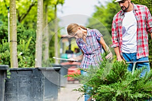 Photo of mature woman examining plant while writing report on clipboard with coworker in garden shop