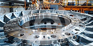 photo of mechanical assembly of high tech metal ring with holes for aerospace industry. Industrial objects and equipment