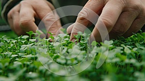 Photo of microgreen and person& x27;s hands in shot, healthy food and vegan diet concept, plant on a blurred background