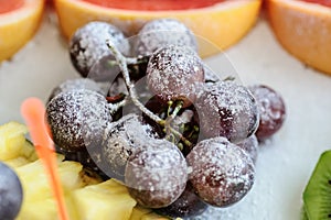 photo of mix of fruits on the plate: grape with powdered sugar, sliced kiwi, grapefruit and ananas