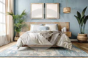 Photo mockup of blank frame in modern bedroom interior, king size bed, wooden furniture, green houseplants, hotel room