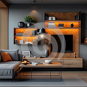 Photo Modern apartment interior living or bedroom, working table, furniture