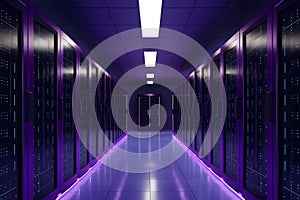 Photo Modern data center in purple neon colors, telecommunications, cloud computing