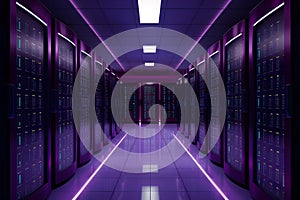 Photo Modern data center in purple neon colors, telecommunications, cloud computing