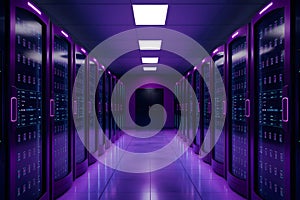 Photo Modern data center in purple neon colors, telecommunications, cloud computing
