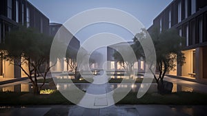 A photo of the modern hotel courtyard with a lot of artistic conception, surrounded by some mist in the evening. There are some