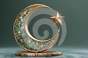 Photo Modern Islamic design 3D Ramadan Kareem with golden crescent moon