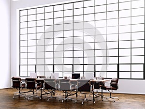 Photo modern meeting room with panoramic windows.Generics computers and generic design furniture in contemporary