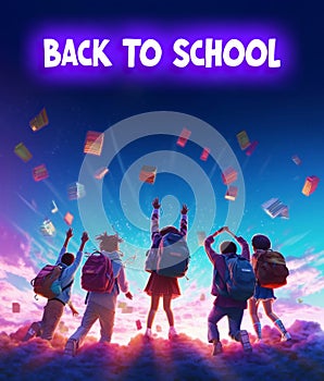 photo of modern poster design of back to school for social media template with childern and flying books . Ai generated